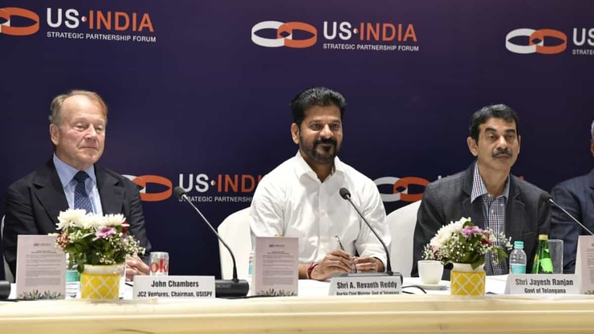 Telangana CM Revanth Reddy at US-India Strategic Partnership Forum in New Delhi.