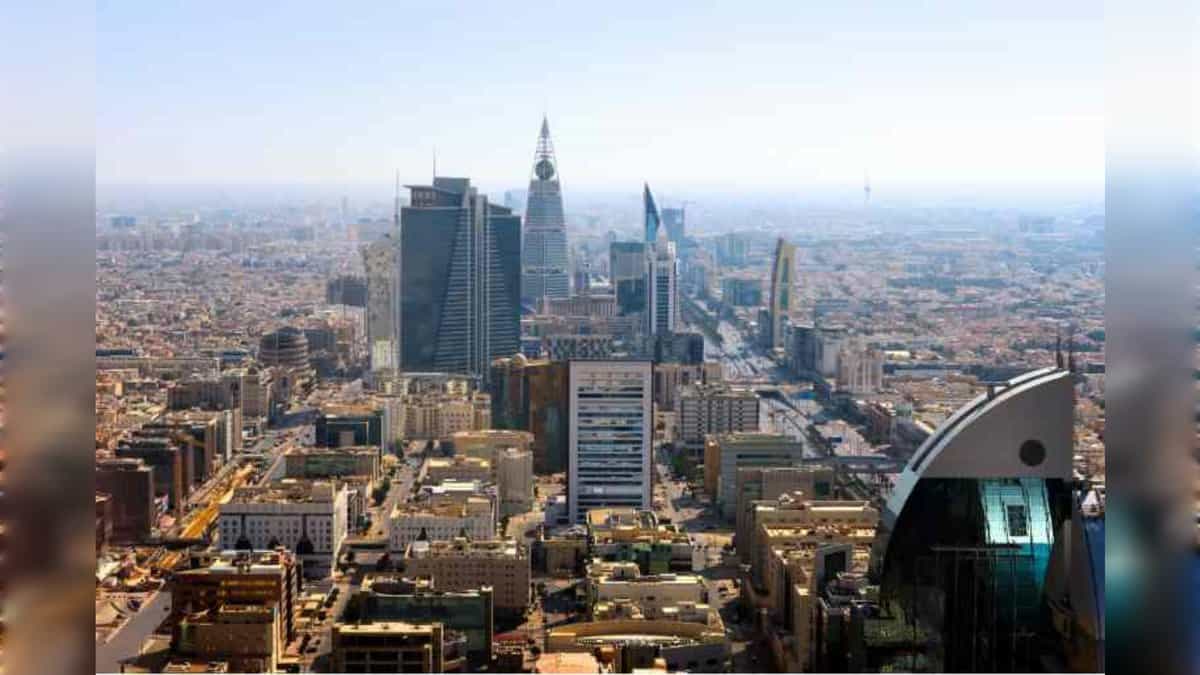 Aerial view of central Riyadh’s modern skyline and business district.