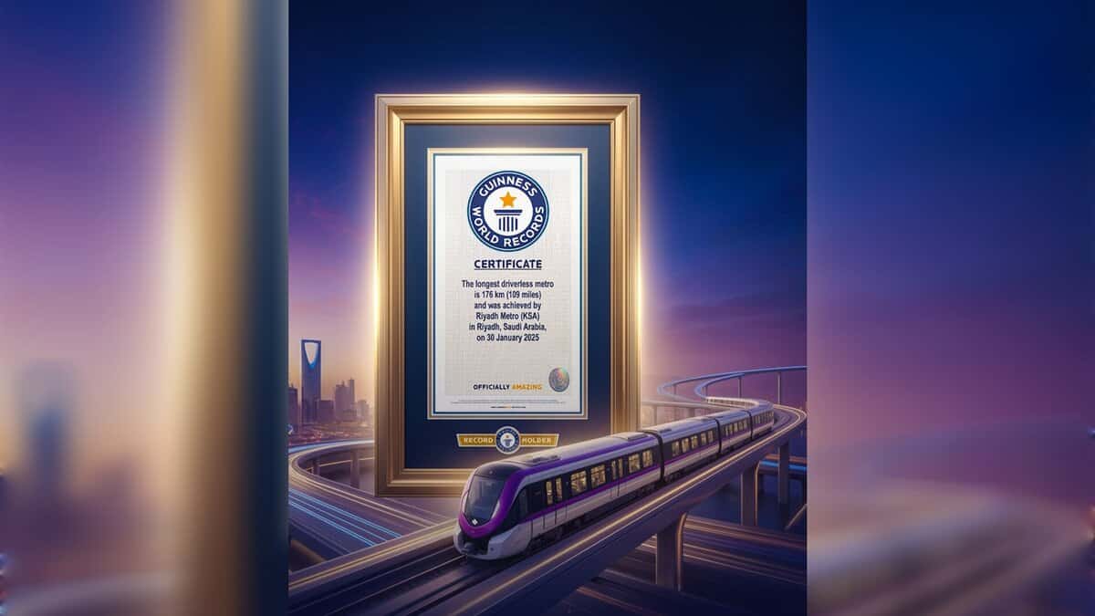 Framed Guinness World Record certificate displayed above a Riyadh Metro driverless train with the city skyline in the background.