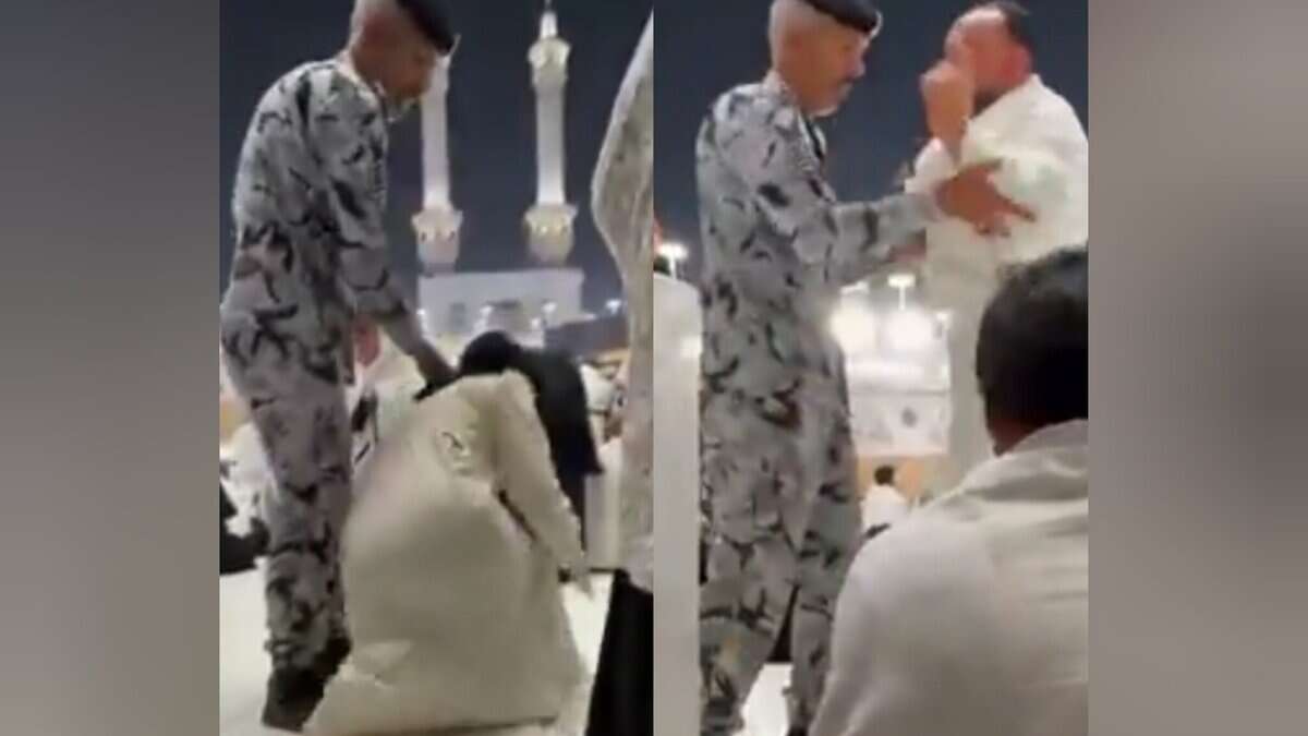 A security officer at Makkah’s Grand Mosque seen pulling a woman sitting near the Holy Kaaba and confronting a male pilgrim during a heated moment.