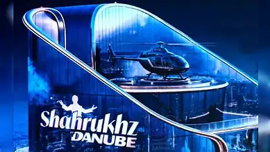 A digital render of the Shahrukhz by Danube tower with a rooftop helipad.