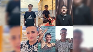 A collage showing six missing Palestinian boys from Gaza.