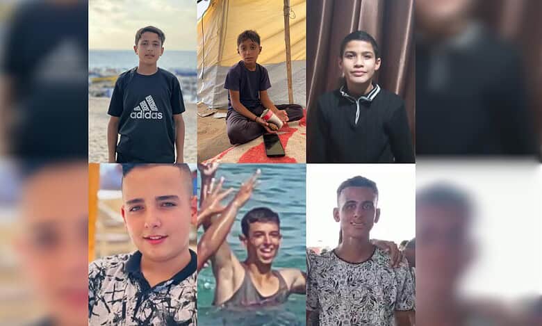A collage showing six missing Palestinian boys from Gaza.