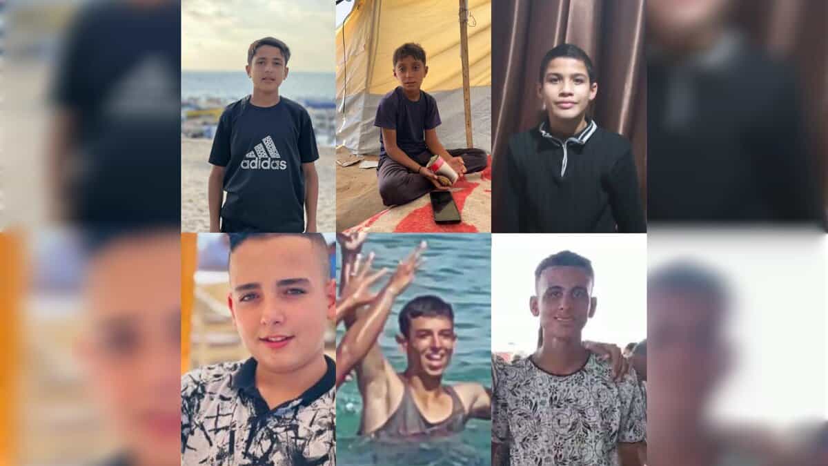 A collage showing six missing Palestinian boys from Gaza.
