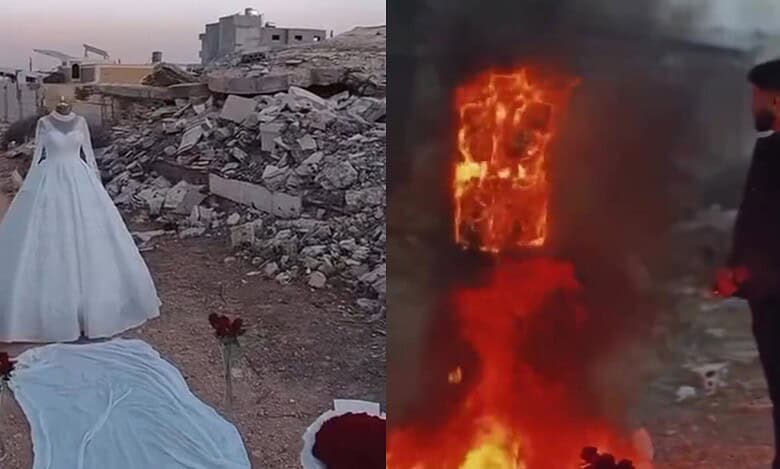 A Syrian man stands beside a mannequin wearing a white wedding dress before setting it on fire amid the ruins of war, symbolising lost love and grief.