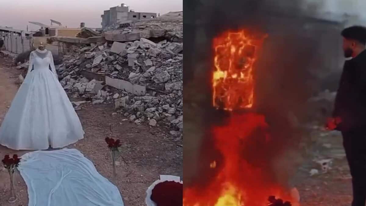 A Syrian man stands beside a mannequin wearing a white wedding dress before setting it on fire amid the ruins of war, symbolising lost love and grief.