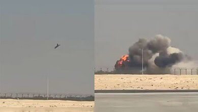 Tejas fighter jet seen descending before crashing, followed by a fireball and smoke at the Dubai Air Show site.