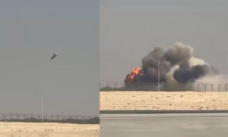 Tejas fighter jet seen descending before crashing, followed by a fireball and smoke at the Dubai Air Show site.