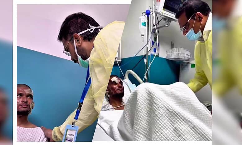 Telangana delegation member speaks to injured Umrah bus crash survivor in a Saudi hospital.