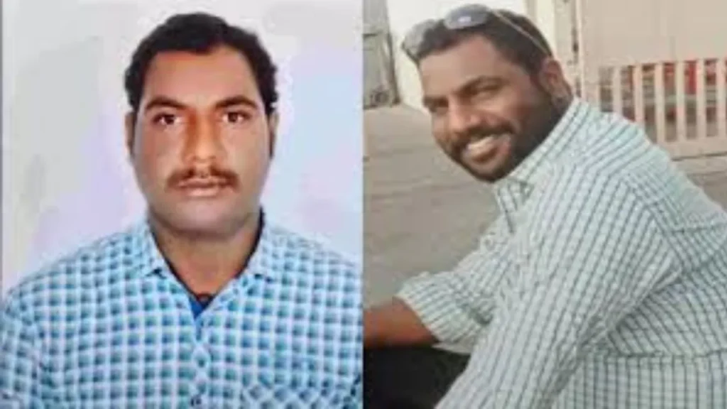 Portraits of Telangana migrants Ashtapu Prem Sagar and Swargam Srinivas, who were killed in a stabbing incident at a bakery in Dubai.