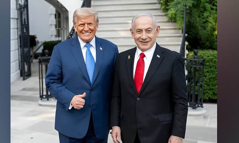 US President Donald Trump and Israeli Prime Minister Benjamin Netanyahu stand together outside a building, smiling for a photograph.