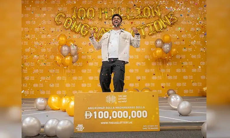 Representative image: A jubilant winner celebrates on stage after securing the Dirham 100 million UAE Lottery grand prize.