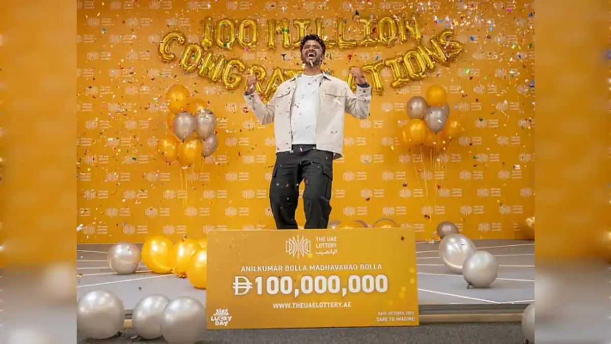 Representative image: A jubilant winner celebrates on stage after securing the Dirham 100 million UAE Lottery grand prize.