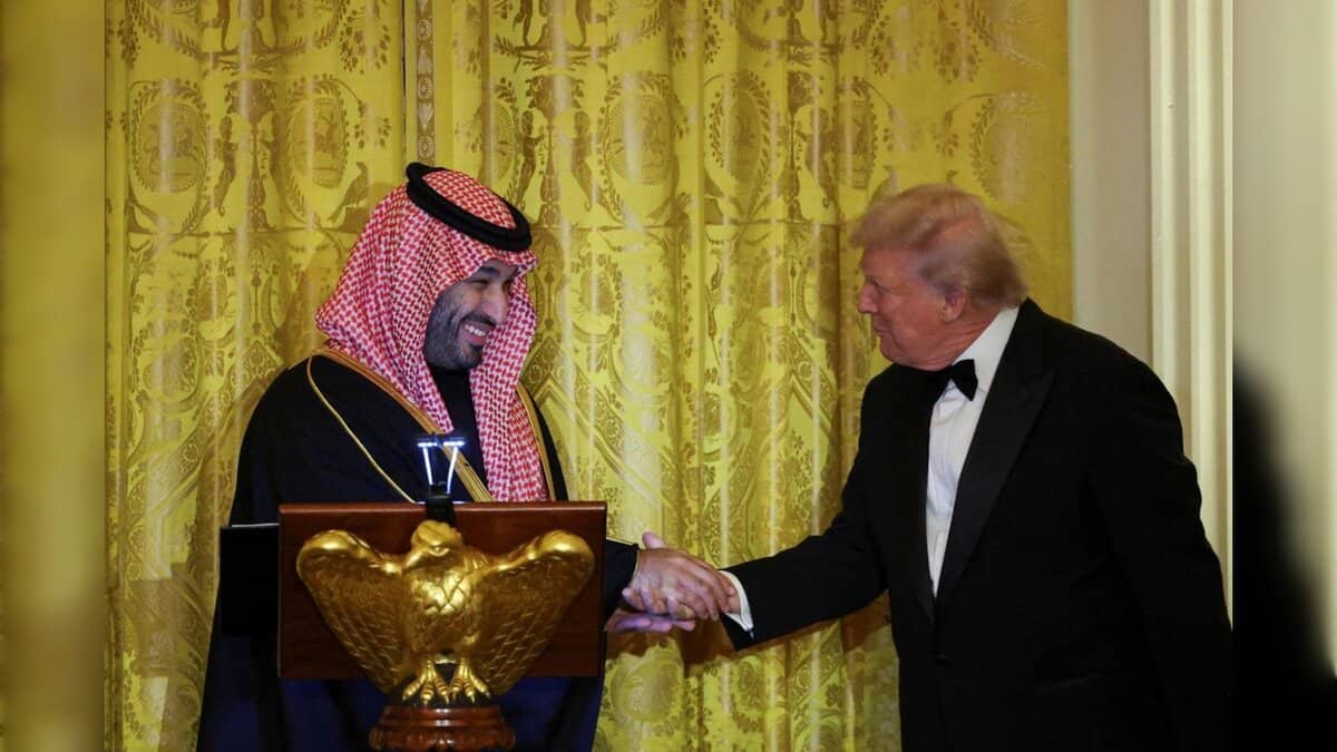 US President greets the Saudi Crown Prince during a White House dinner