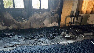 Damaged mosque in Salfit, West Bank, after an arson attack by Israeli settlers.