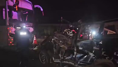 A bus collides with a car in Andhra Pradesh