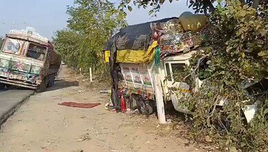 Three people were killed after a speeding lorry rammed into a stationary Bolero in Mancherial district