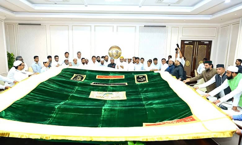 Chief Minister Revanth Reddy and other Congress leaders sending the Ghilaf-e-Mubarak (sacred chadar) to Ajmer Dargah