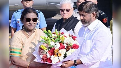 Governor of Telangana Shri Jishnu Dev Varma and Deputy Chief Minister Shri Bhatti Vikramarka Mallu receive President Droupadi Murmu on her arrival at Hyderabad.