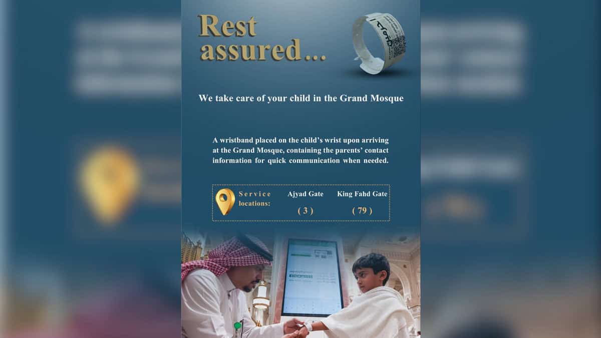 Grand Mosque introduces wristbands for child safety including parent's contact information