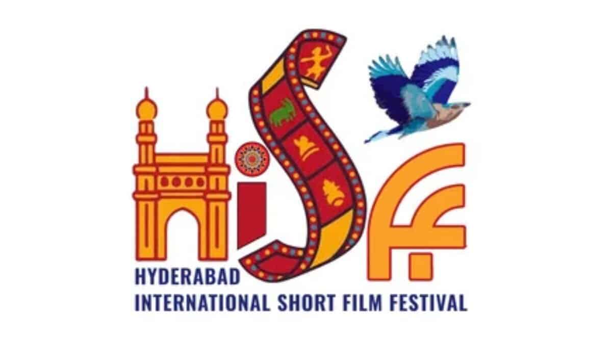 Hyderabad International Short Film Festival logo featuring Charminar monument, colorful film strip, blue bird in flight, and HISFF text