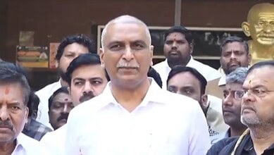 Harish Rao addresses the media after visiting students at a hospital in Hyderabad