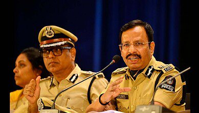 Hyderabad Commissioner of Police VC Sajjanar addresses a meeting