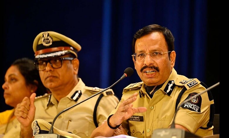 Hyderabad Commissioner of Police VC Sajjanar addresses a meeting