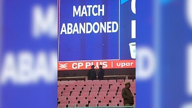 A display with "Match Abandoned" on it, ahead of the fourth T20 International cricket match of a series between India and South Africa, at Ekana Cricket Stadium in Lucknow, Wednesday, Dec. 17, 2025. The match was called off due to poor visibility caused by dense layer of smog. (PTI