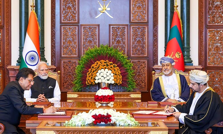 In this image received on Dec. 18, 2025, Prime Minister Narendra Modi with Sultan of Oman Haitham bin Tarik witnesses exchange of MoUs, in Muscat, Oman. Union Minister of Commerce and Industry Piyush Goyal is also seen. (PMO via PTI Photo)