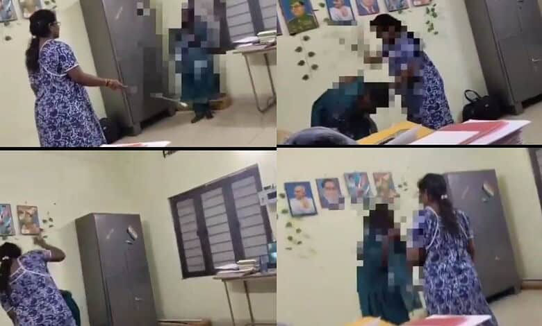 Hostel Warden R Bhavani hitting a student (Screengrab)