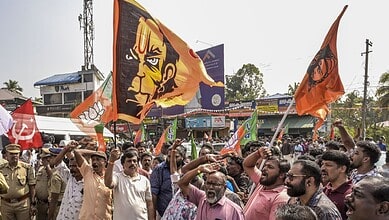 Thiruvananthapuram: BJP workers celebrate their victory during the Kerala local body polls, at a counting station in Thiruvananthapuram on Saturday. (PTI Photo)
