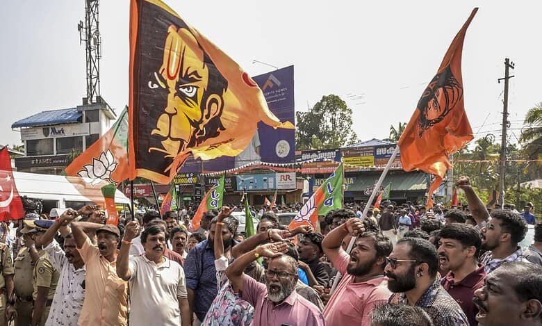 Thiruvananthapuram: BJP workers celebrate their victory during the Kerala local body polls, at a counting station in Thiruvananthapuram on Saturday. (PTI Photo)