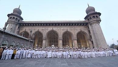 Students gather at Makkah masjid in Hyderabad for Fajr prayers