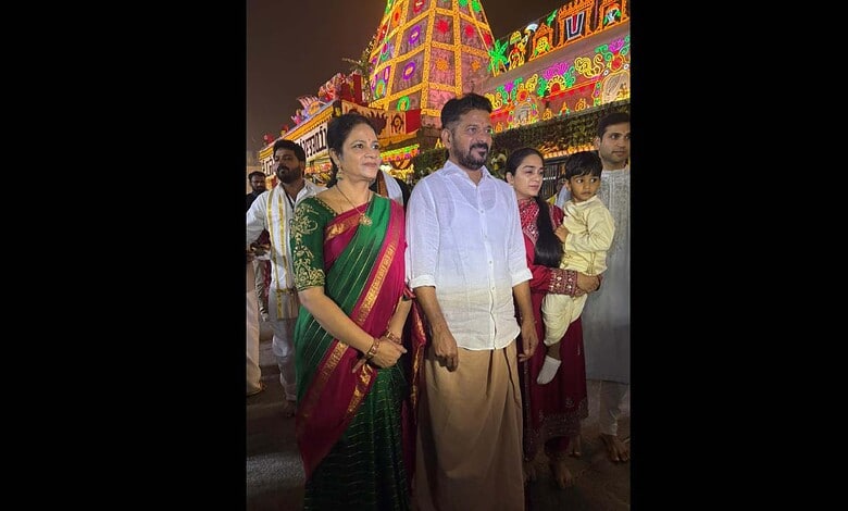 Telangana CM Revanth Reddy and his family visit temple in Tirupati
