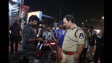 Hyderabad police commissioner VC Sajjanar inspects a vehicle during operation Kavach