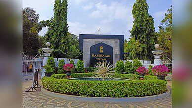 Image shows greenery and flowers in Telangana Raj Bhavan's courtyard