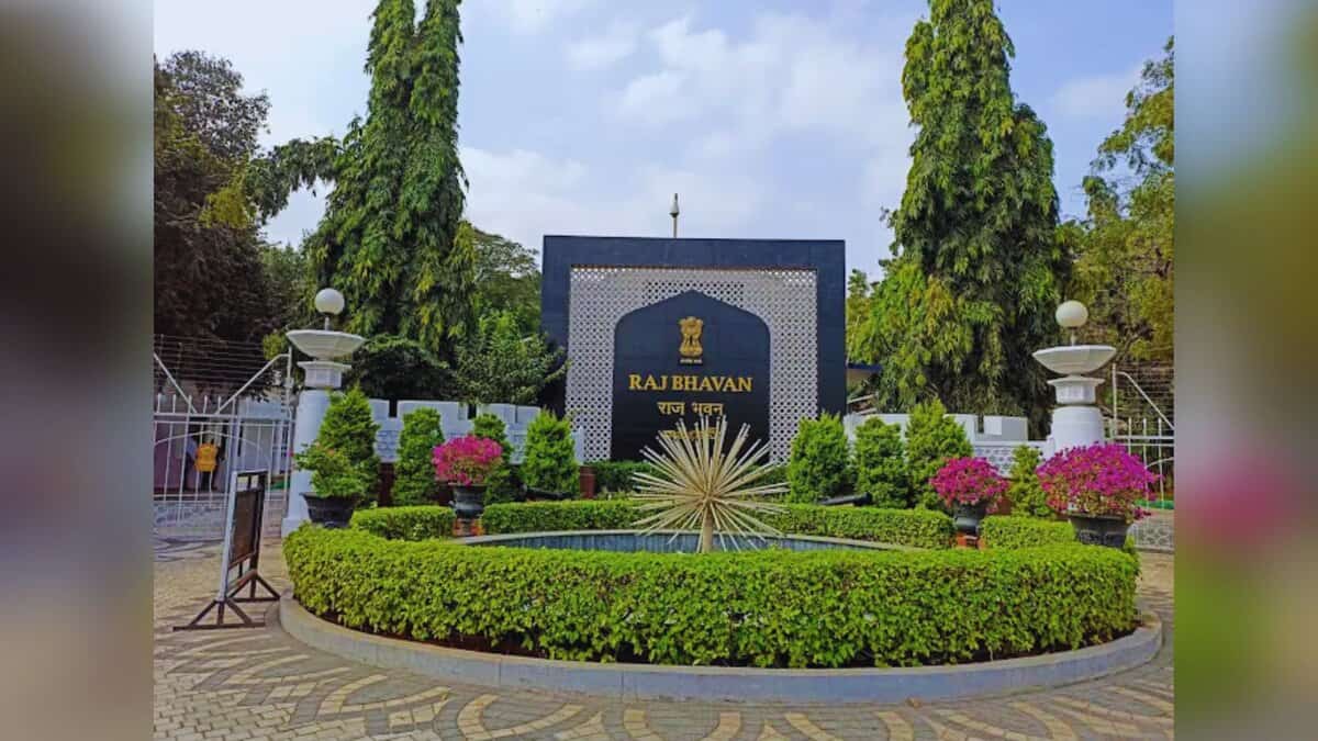 Image shows greenery and flowers in Telangana Raj Bhavan's courtyard