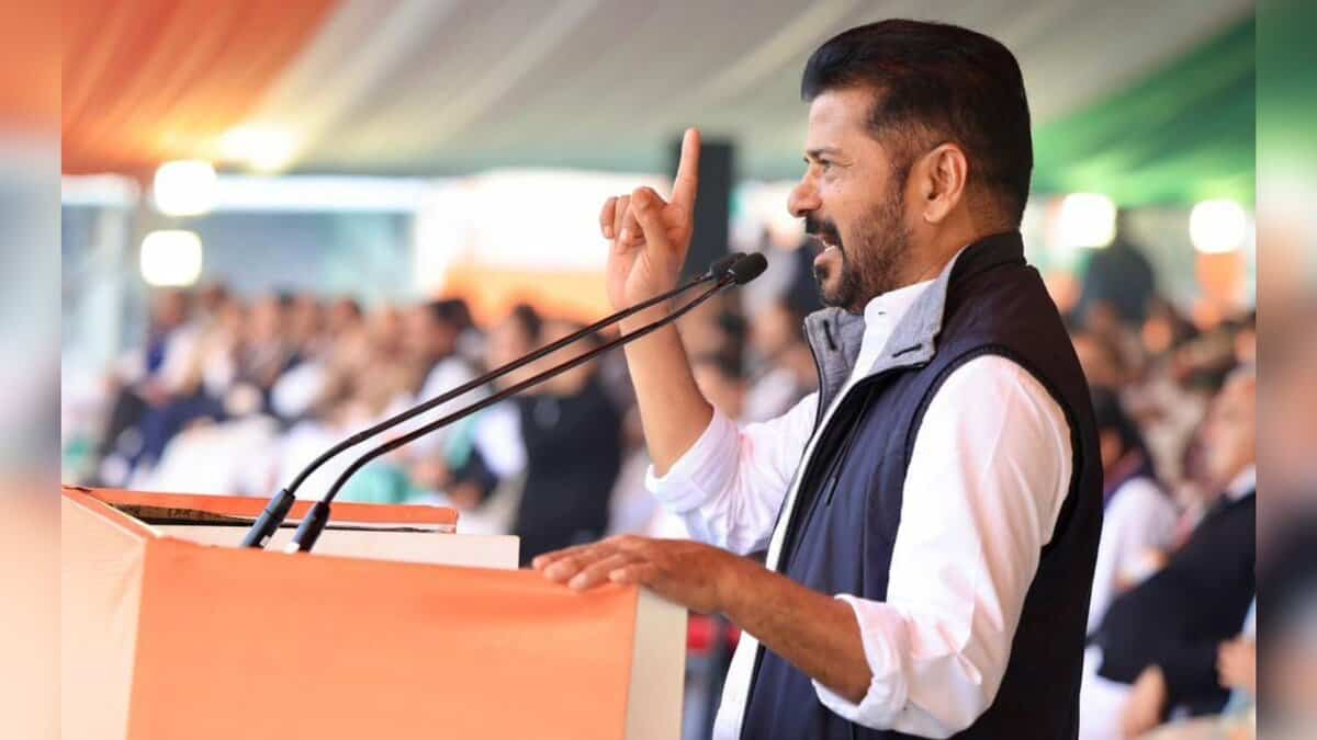 Telangana Chief Minister Revanth Reddy addressing a public gathering at Ramlila Grounds, New Delhi