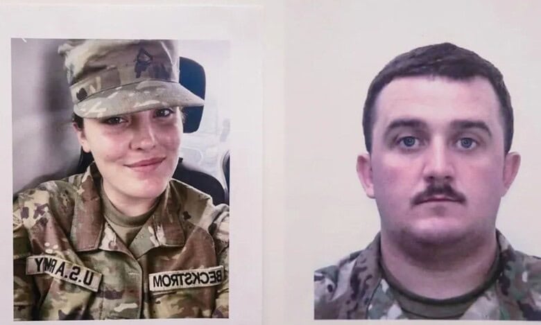 Sarah Beckstrom, 20, and Andrew Wolfe, 24 - both uniformed members of the West Virginia National Guard.