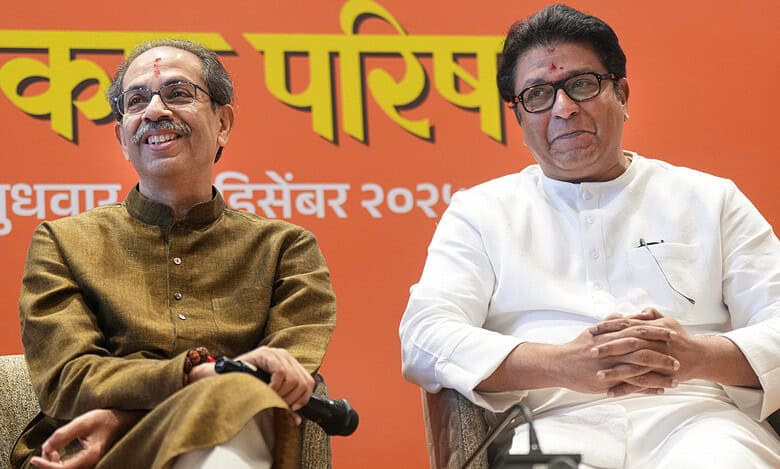 Shiv Sena (UBT) chief Uddhav Thackeray, right, and Maharashtra Navnirman Sena (MNS) chief Raj Thackeray during a joint press conference announcing an alliance between their parties ahead of Mumbai civic polls