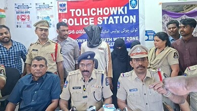 Police officers at Tolichowki Police Station in Hyderabad presenting suspects during a press conference