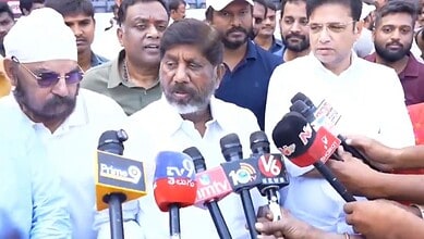 Telangana deputy CM Bhatti Vikramarka addresses the media