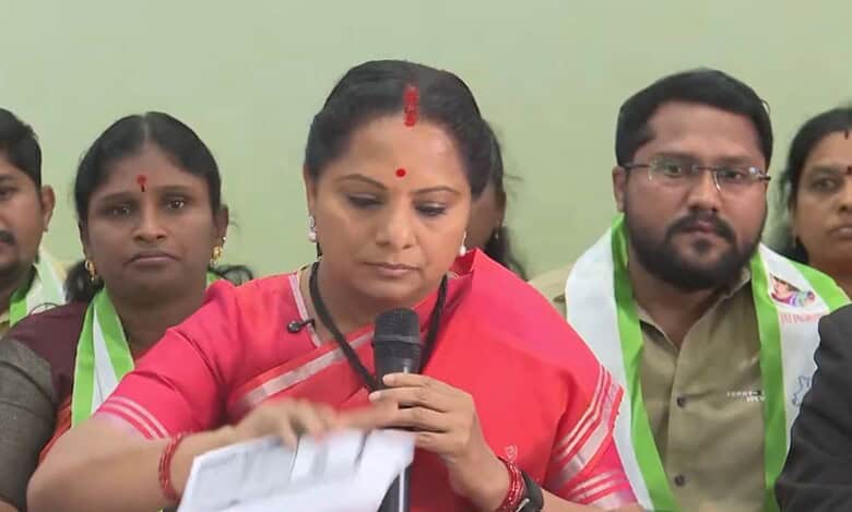 Telangana Jagruthi Samithi president K Kavitha addresses the media
