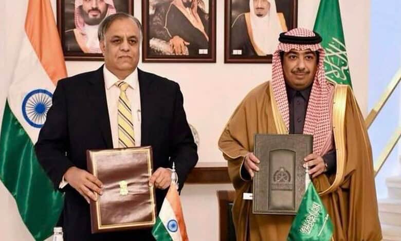 Indian Ambassador to Saudi Arabia Suhel Ajaz Khan with Saudi Arabia's Deputy Minister of Foreign Affairs for Protocol Affairs Abdulmajeed Al-Smari