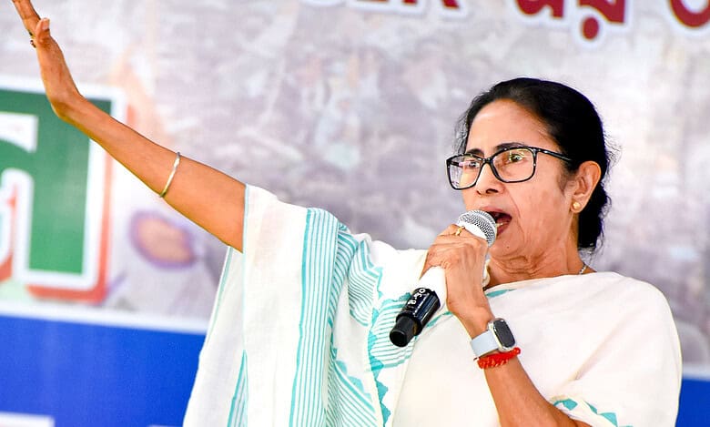 West Bengal Chief Minister Mamata Banerjee during a public rally at Berhampore, in Murshidabad district.