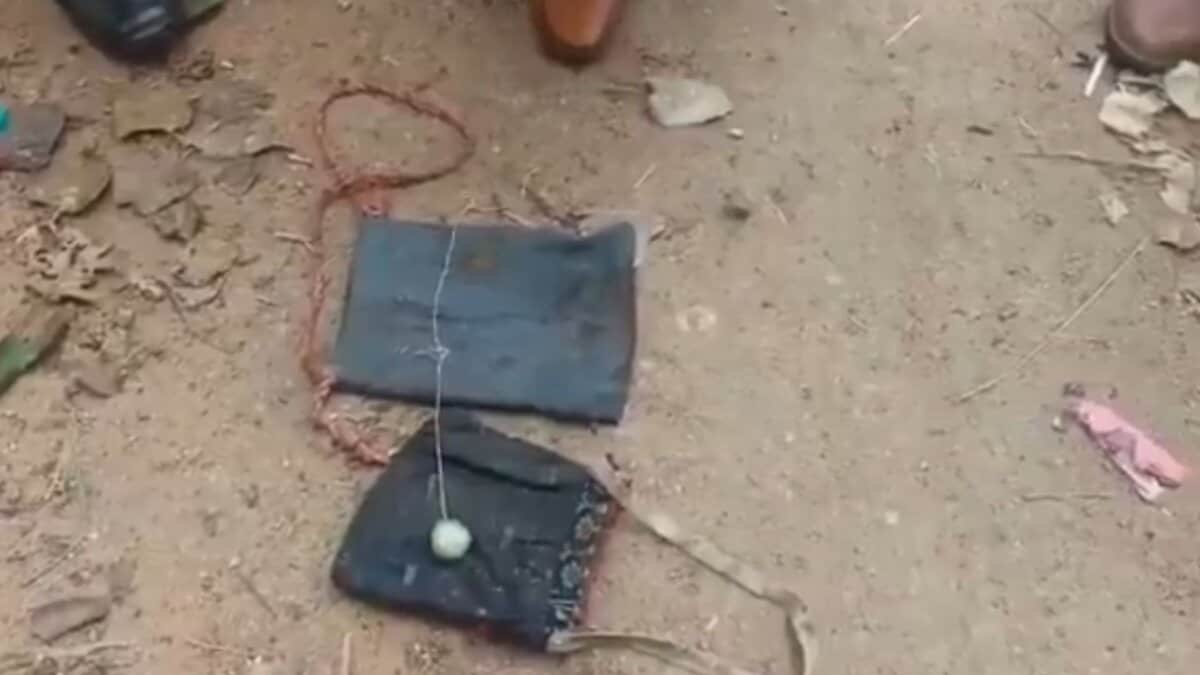 Image shows two cloth bags on the ground and a circular object on one of it