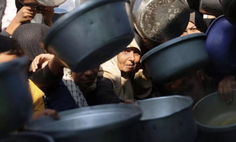 A Palestinian woman tries to get food (Bashar Taleb/AFP)