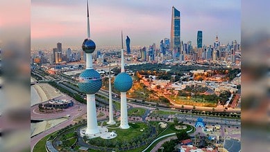 Kuwait City skyline with Kuwait Towers overlooking the Arabian Gulf.