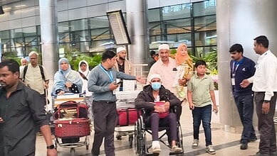 Mohammed Abdul Shoeb, the sole Hyderabad survivor of the Madinah bus crash, arrives at RGIA in a wheelchair, assisted by relatives and staff.
